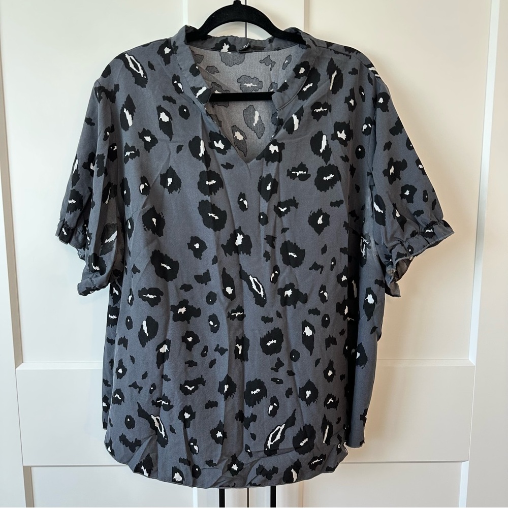 Shein Curve Charcoal Black Leopard Print Blouse with ruffle sleeves, 3X
